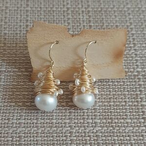 New Handmade Gold Spun Metal & White Pearl Earrings